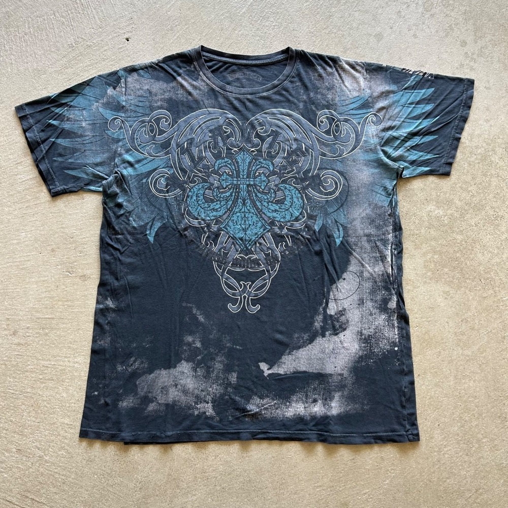 XZAVIER Buckle Shirt Size XXL Black Blue Fleur De Lis Wings Affliction Style